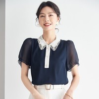 帕罗（PALUOPO）【真5折】夏季新款百搭真丝短袖t恤女时尚设计感小众蕾丝边泡泡袖 藏青 M 160/84A