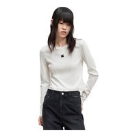 MO&Co.春秋MC刺绣设计感线条切割圆领长袖正肩短款T恤 