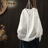 子牧棉麻2026春装 女风琴褶皱衬衫宽松长袖简约休闲百搭立领气质衬衣8856 白色 M (建议95-115斤)