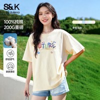 班尼路（Baleno）S&K纯棉短袖T恤女夏季重磅宽松设计文艺休闲圆领内外搭上衣服半袖 杏#彩虹涂鸦字 M
