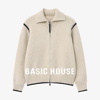 百家好(Basic House)Basic House/百家好翻领线条撞色毛衣女秋季新款简约时尚开衫上衣 米色 M