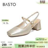 百思图2026夏季新款后空凉鞋高跟鞋通勤粗跟方头女凉鞋F5182BH6 淡金色 37