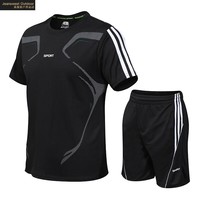 真维斯户外运动运动套装男春夏季速干衣休闲足球跑步训练运动服装短袖短裤 902黑色 M 体重85-100斤