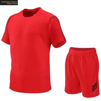 真维斯户外运动运动套装男春夏季速干衣休闲足球跑步训练运动服装短袖短裤 2206红色 M 体重85-100斤