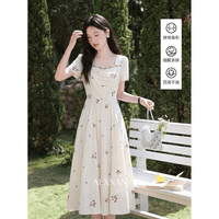 鹿向南「田园」杏色法式刺绣碎花连衣裙女夏季度假小个子长款裙子 杏色 短袖连衣裙 M