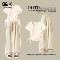 班尼路S&K抽绳短款短袖阔腿裤套装女两件套2026年新款夏季小个子一整套 杏#纯色+浅卡其#纯色 L
