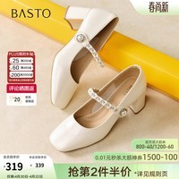 百思图2026春季商场新款法式玛丽珍鞋粗高跟小皮鞋女单鞋W0752AQ6 米色 34