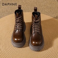 达芙妮官方厚底马丁靴女2025秋季新款显高显瘦靴子棕色复古英伦风短靴ZJ 棕色【跟高4cm】 38