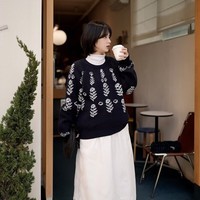 茵曼（INMAN）慵懒风花卉提花针织衫2026春季女装新款宽松圆领套头衫上衣 藏青色 S