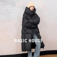 Basic House/百家好韩版连帽中长款羽绒服女双拉链立领白鸭绒外套 黑色 L