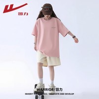 回力（Warrior）纯棉宽松短袖T恤华夫格短裤套装女2026夏季女装新款艺术字两件套 粉#幸运天使K+杏#纯色 L