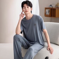 雅鹿睡衣男士夏季莫代尔薄款短袖2026新款冰丝凉感家居服大码套装 NSWR-1790深湖蓝 【短袖长裤】 2XL 【建议体重140-160斤】