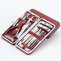 新货热销指甲刀套装19件套8件套16套指甲钳修脚趾斜口指甲剪信 酒红色19件