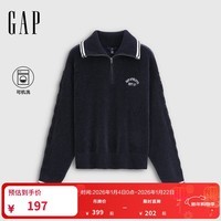 盖璞(GAP)女装2025秋季新款logo刺绣宽松雪尼尔半开襟针织衫上衣793680 海军蓝 M (165/88A)亚洲尺码
