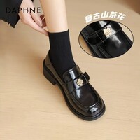 达芙妮厚底乐福鞋女2026春季新款山茶花复古单鞋英伦风黑色小皮鞋女LP 黑色【复古山茶花-跟高3.5cm】 35