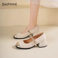 达芙妮浅口单鞋女2026新款春季粗跟小香风高跟鞋法式玛丽珍女鞋LP 米白色 38