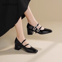 达芙妮玛丽珍女鞋2026春季新款粗跟方头高跟鞋女复古浅口皮鞋单鞋女LP 黑色【4.5cm粗跟】 40