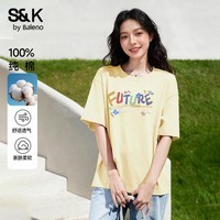 班尼路S&K纯棉短袖T恤女夏季重磅宽松设计文艺休闲圆领内外搭上衣服半袖 鹅黄#彩虹涂鸦字 S