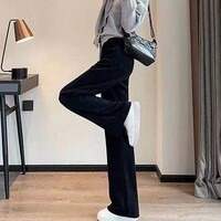 有只绵小个子阔腿裤女秋冬季高腰窄版显瘦直筒休闲裤加绒宽松垂感拖地裤 黑色 冬季加绒 均码 （适合80-140斤）