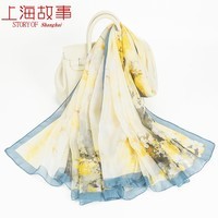 上海故事海边沙滩巾大披肩女春夏薄款防晒丝巾外搭拍照纱巾送妈妈礼物实用 晕染桃林 浅黄