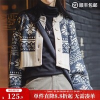 马登女装美式休闲提花针织衫圆领短款毛衣外套女士秋季上衣 灰蓝色 （宽松版型建议拍小2码） M