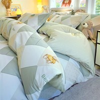 索隆加厚秋冬磨毛四件套棉质床单加厚被套冬季保暖套件 格子小熊-绿KL 1.8床 床单款 (被套200*230cm) 套件