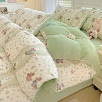 途波列加厚四件套牛奶绒保暖冬季被套床单套件加绒四件套 Sxd花草兔 1.8床 床单款 (被套200*230cm) 套件