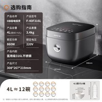 九阳（Joyoung）【0涂层】4升家用3~4人微压电饭煲电饭锅大火力5A好米饭无涂层316L不锈钢内胆40F316L
