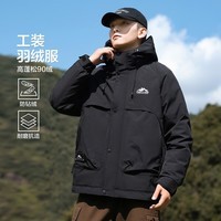 布衣传说防钻绒立领连帽山系蓬松保暖大口袋插肩袖登山工装休闲男式羽绒服 黑色 L
