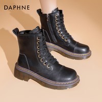达芙妮官方厚底马丁靴女2025秋冬新款英伦风短靴子时尚百搭圆头靴子QJ1 黑色【跟高 5cm】 36