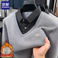 罗蒙（ROMON）仿雪貂绒假两件毛衣男2025冬季新款保暖加绒男士衬衫领针织打底衫 灰色 2XL 54 (建议体重150-170斤)