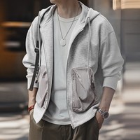 马登工装 美式休闲空气层开衫卫衣男秋季拼接口袋运动连帽上衣外套 陨石灰 L