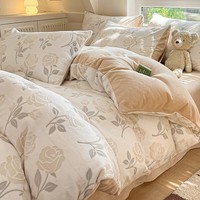 兰芮A类牛奶绒雕花保暖冬季四件套 可可玫瑰奶杏 1.5/1.8m床 床单款 被套200*230cm