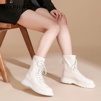 达芙妮马丁靴女2023秋冬短靴女英伦风厚底绑带白色靴子通勤女靴ZJ 白色 36
