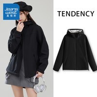 真维斯(Jeanswest)外套女装软壳三防加绒保暖夹克2026秋冬新款潮流户外运动上衣3GX 黑#纯色 M