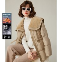 白鹿语冬季翻领简约鸭绒加厚羽绒服拼接收腰面包服外套女 卡其1 S