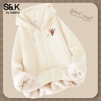 班尼路(Baleno)S&K系列加绒卫衣女装加厚保暖重磅羊羔绒套头连帽上衣服开衫外套 奶杏#红色花k 【开衫连帽卫衣】 M