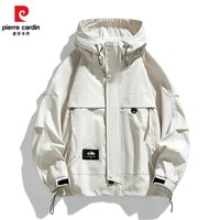 皮尔卡丹新款情侣款春秋宽松版冲锋衣青年潮流韩版时尚连帽大码夹克百搭款 浅卡其 S 建议【体重90-115斤】