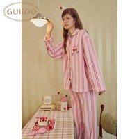 果壳(Gukoo)睡衣女冬季毛绒保暖柔软翻领条纹满印甜美女士家居服套装D 蔷薇粉套装 M