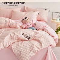 Teenie Weenie小熊床上四件套纯棉100%A类全棉床单双人加大被套罩套件1米8床 茶语时光-粉格+柔粉