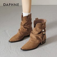 达芙妮尖头复古马丁靴女2025新款秋冬季美拉德厚底显瘦西部牛仔靴子 栗色 35