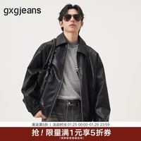 gxgjeans男装  pu皮简约休闲时尚宽松翻领夹克外套男士 25秋新品 黑色 L (175)