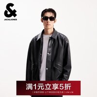 杰克·琼斯（JACK&JONES）男装25年秋冬季PU棉服男士仿皮夹棉衣宽松短款商务休闲厚夹克外套 E43纯黑色 2XL （190）偏大,卡码拍小