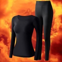 宜而爽10A抗菌保暖套装女士美肤衣法式紧身长袖圆领秋冬薄款无痕内穿 水墨黑/上衣+裤子 XL