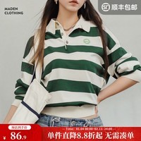 马登美式复古条纹Polo衫经典白绿撞色长袖T恤宽松休闲百搭上衣女秋季 白绿条纹 【宽松/可拍小一码】 M (100-120斤)