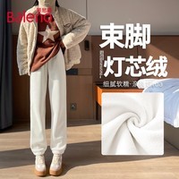 班尼路加绒裤子女装加厚保暖灯芯绒束脚裤冬季新款休闲潮流户外长裤装2 杏#纯色 S