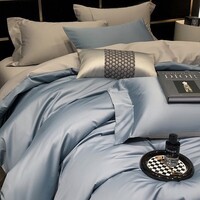 轩蓝仕A类新疆全棉长绒棉100支贡缎织带四件套 纯棉缎纹床品套件 灰兰-YC 床单款 1.5米床(被套200*230cm)