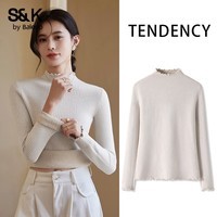 班尼路（Baleno）S&K系列毛衣女装加厚保暖半高领针织衫内搭秋装新款木耳边上衣服 燕麦#纯色 【木耳边一体绒毛衫】 S