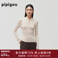 皮皮狗秋季新款 立领抽条针织衫女新中式盘扣立领长袖套衫时尚通勤上衣 D14暖沙色 S 155/80A