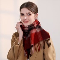 达芬奇密码羊毛围巾女士春秋款英伦格子围脖保暖披肩女生礼物 约克酒红格 180*30cm